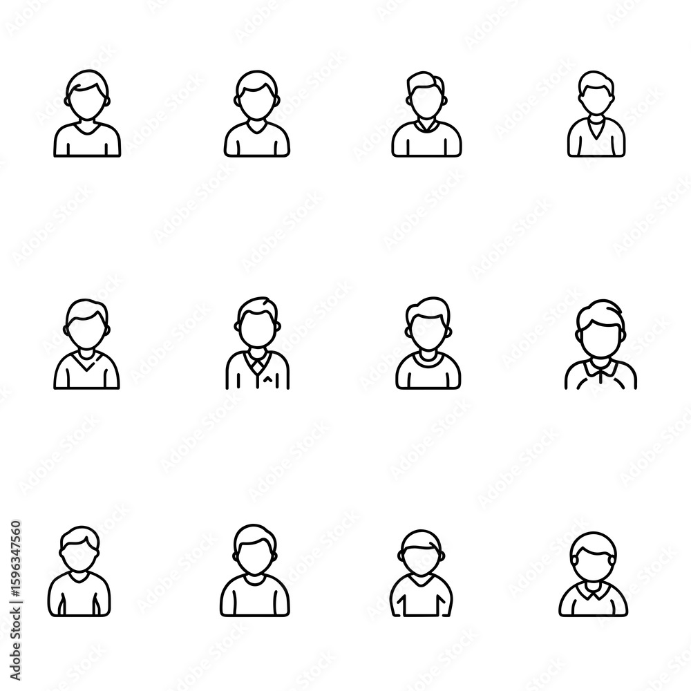 Simple Line Art Male User Icons Set A set of nine simple line art icons depicting male avatars with various shirt styles. Simple Line Art Male User Icons Set A set of nine simple line art icons depicting male avatars with various shirt styles.