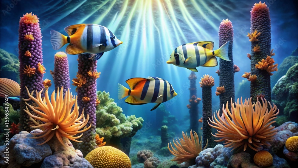 Fototapeta premium Serene Underwater Scene Featuring Vibrant Reef Fish and Lush Coral Formations