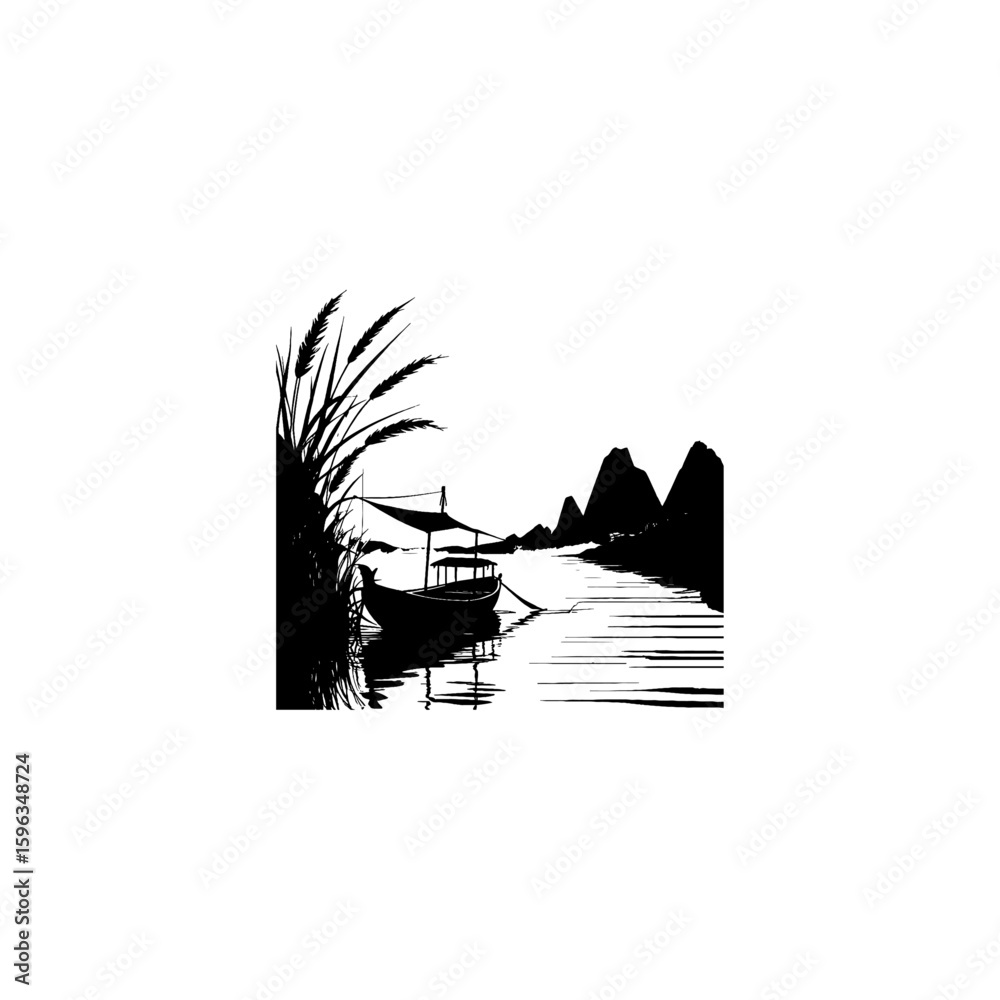 Naklejka premium A small wooden rowboat lies peacefully on a calm, teal-colored lake, encircled by dense trees cloaked in mist. The atmosphere conveys a feeling of calmness and serene solitude, a foggy morning in the