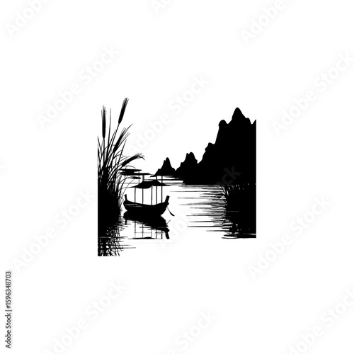 A small wooden rowboat lies peacefully on a calm, teal-colored lake, encircled by dense trees cloaked in mist. The atmosphere conveys a feeling of calmness and serene solitude, a foggy morning in the 