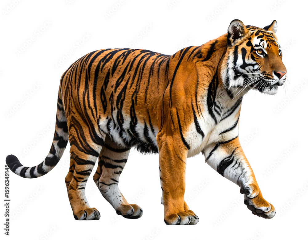 Obraz premium Tiger in Mid-Walk Pose, Side Profile with Raised Paw, Transparent Background PNG
