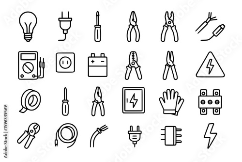Electrical Tools Icon Set - Line Art Vector Icons for Electrician Equipment, Power Tools, Safety Gear and Electronic Instruments