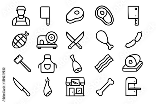 Butcher Shop Icon Set - Line Vector Icons for Meat Industry, Butchery Tools, Food Service and Restaurant Equipment