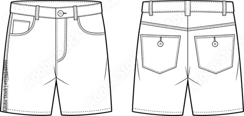 Flat sketch of men's shorts, front and back technical drawing, vector CAD illustration, with pockets, button, stitching, and waistband detail