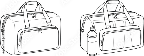 Line art duffle bag illustration, flat vector CAD drawing, gym and travel bag with front pocket, zipper, handle, bottle holder