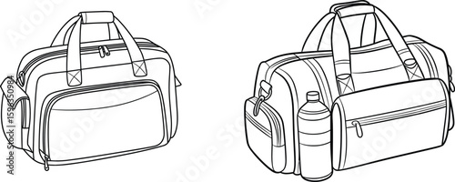 Duffle bag line art illustration, gym travel bags drawing, black and white vector, isolated design for mockup or branding use