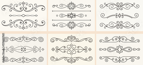 Ornamental Curly Divider Lines and Flourish Elements in Vector Style, Vintage Collection for Wedding Invitations, Certificates, Decorative Frames