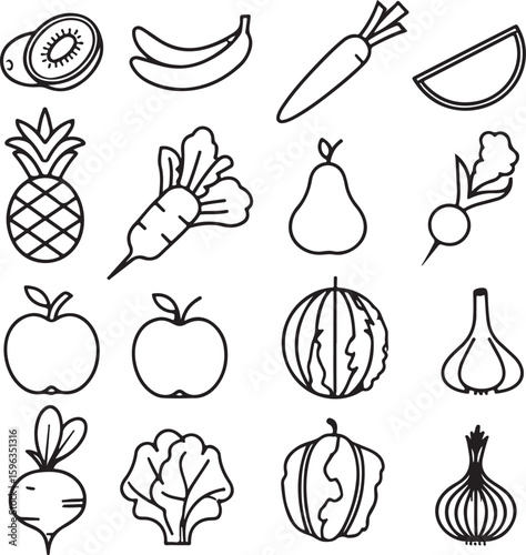 Outline Illustration of Fruits and Vegetables Assortment on Transparent Background