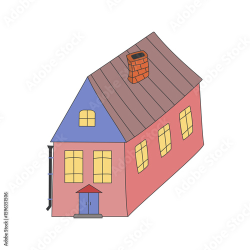 Colorful house. Cartoon building with chimney. Architecture, construction. Country house. Drawing, doodle. Vector illustration, isolated background.