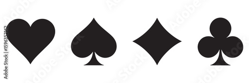 Classic Card Suit Symbols in Bold Black Vector Illustration Featuring Heart, Spade, Diamond, and Club Isolated on White Background