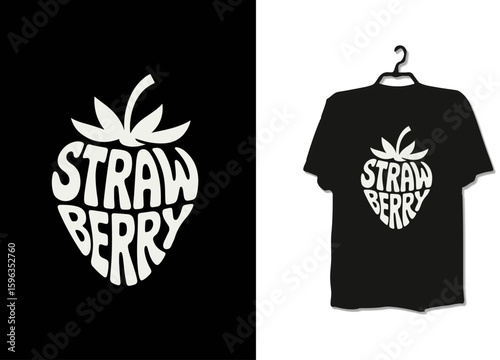 Strawberry Shape Typography T-Shirt – White Fruit Graphic Design with Bold Letters on Black Fabric
