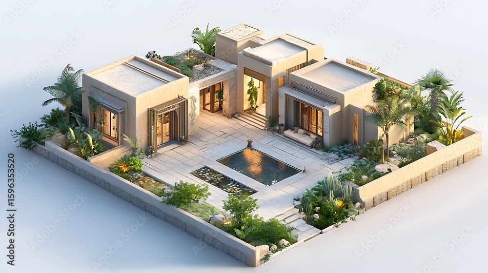 Fototapeta premium Modern courtyard house with lush greenery and water features