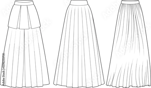 Flat vector illustration of long pleated skirt designs, CAD fashion drawing template, maxi skirt technical sketch for clothing design