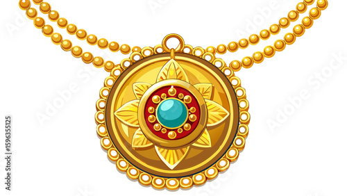 Elegant gold necklace with round pendant and sparkling details white .background