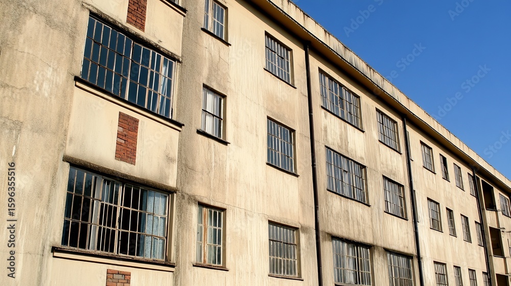 Fototapeta premium A low-angle view of a weathered, multi-story building with numerous rectangular windows and subtle brick detailing against a clear blue sky