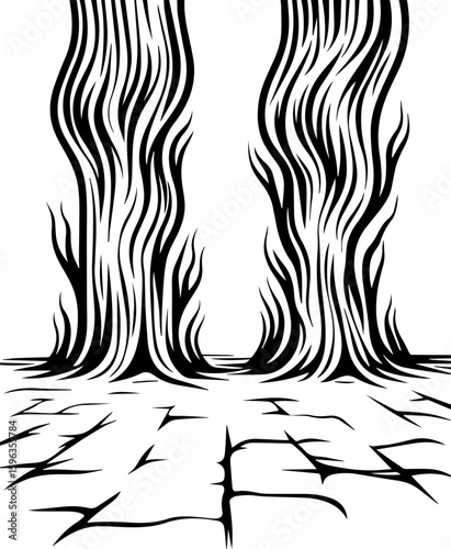 SVG Haunted Fishing Villages in tattoo style. Elegant Black and White Illustration of Stylized Trees and Roots