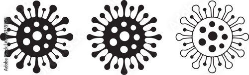 Three stylized black and white virus icons in a row representing microscopic organisms silhouette