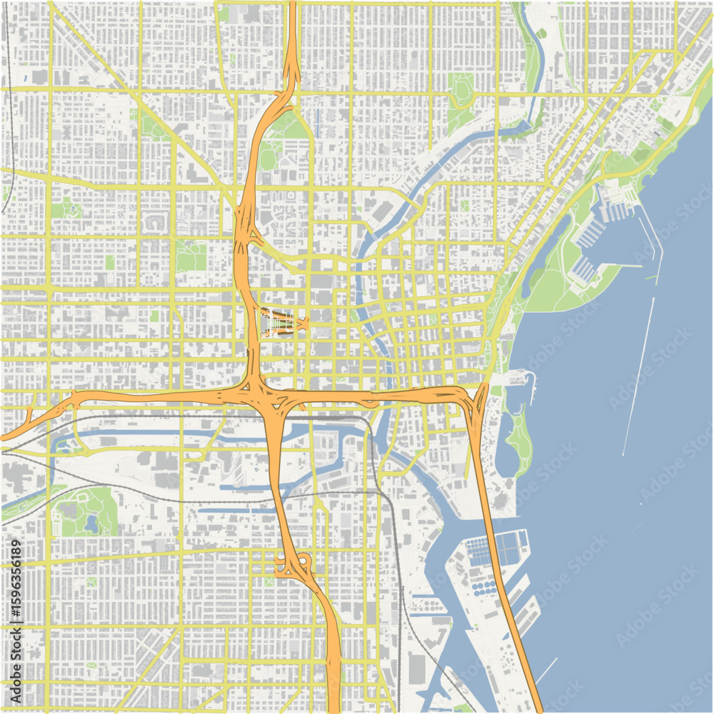 Naklejka premium Map of Milwaukee Center in Wisconsin in a normal road map style. Contains layered vector with roads water, parks, etc.