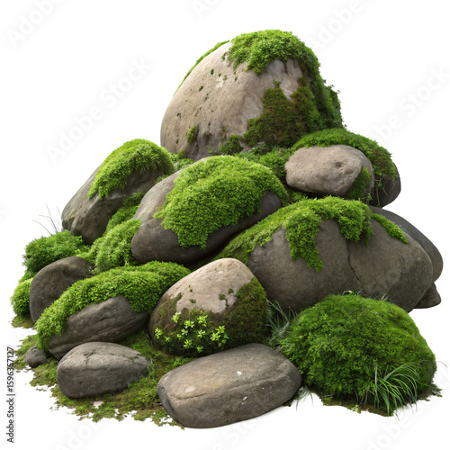Lush Green Moss Covering Smooth Grey Stones Nature Texture Isolated On Transparent Background