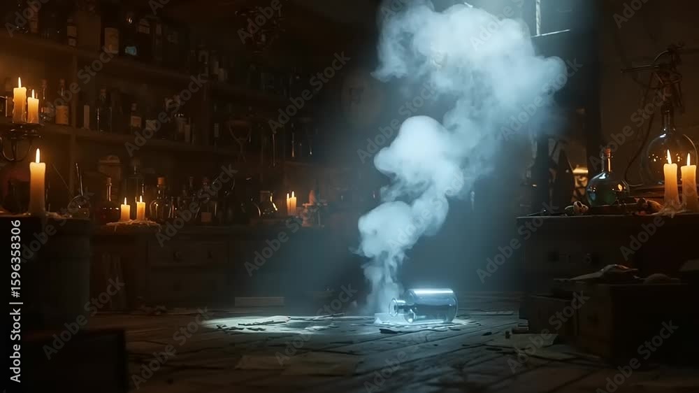 Dusty apothecary interior with smoke and light