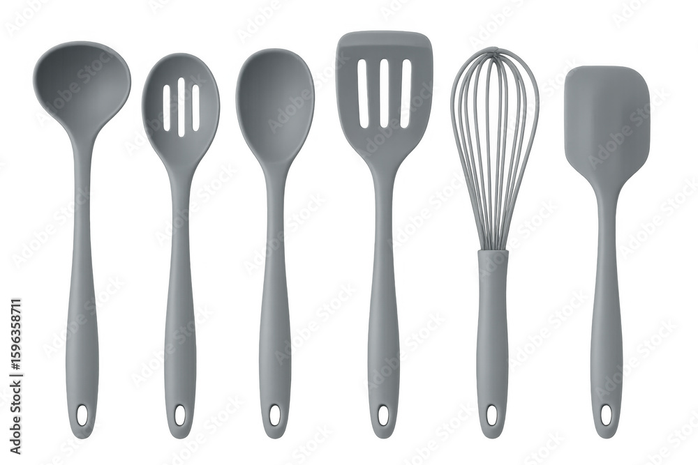 Kitchen utensils set including slotted spoon, ladle, spatula, whisk and spoon on transparent background Kitchen utensils set including slotted spoon, ladle, spatula, whisk and spoon on transparent background