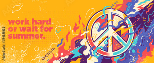 A vibrant summer-themed banner featuring a peace symbol surrounded by bold, abstract shapes in bright colors. Vector illustration.