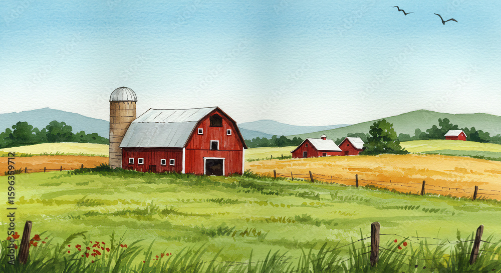 Obraz premium Watercolor red barn in green countryside with rolling hills and blue sky