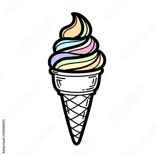 Colorful ice cream cone with swirled pastel flavors  