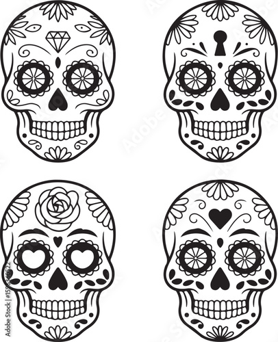 Ornate Sugar Skull Vector Art

Decorative Día de los Muertos Skull Design

Colorful Calavera Skull Illustration

Floral Sugar Skull Silhouette

Traditional Mexican Skull Festival Graphic