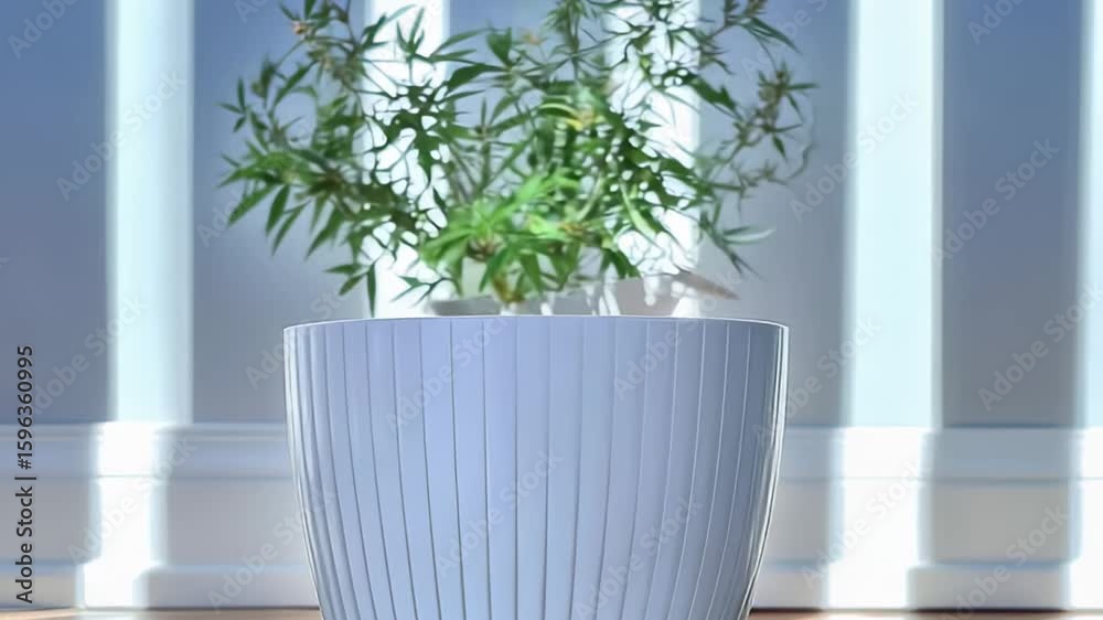 Light gray planter with leafy plant