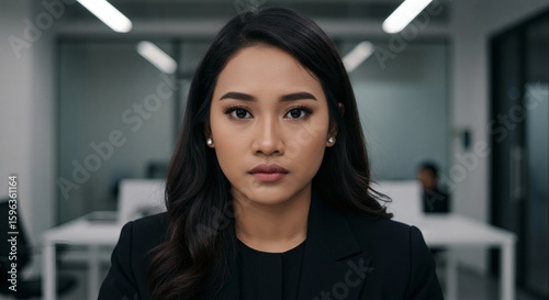 A professional young Asian woman wearing a black blazer and pearl earrings looks directly at the camera with a neutral expression in a modern office environment