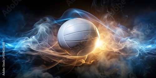Dynamic Volleyball Image  A white sphere soars through swirling orange and blue smoke, representing the energy and excitement of a powerful serve or a decisive point in a competitive match.