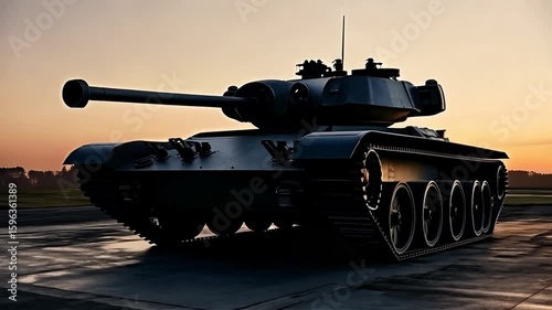 Military Tank Moving Across Open Field During Sunset with Dramatic Silhouette