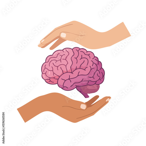 Vector illustration of hands holding brain symbolic on white background, mental health concept