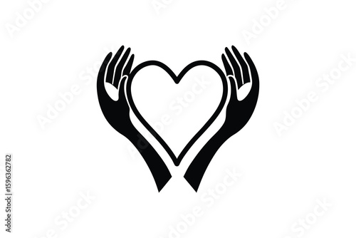 Hands Holding a Heart Shape Symbolizing Love Care and Protection in a Black and White Silhouette silhouette image features two hands