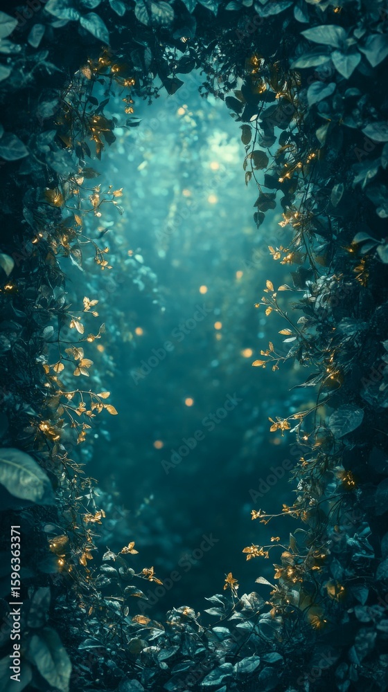 Naklejka premium Enchanted Leafy Tunnel with Glowing Light Effect