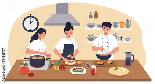Chefs Cooking Together in Kitchen.