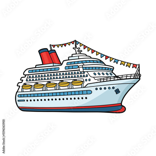 Cartoon cruise ship decorated with flags and bright colors  