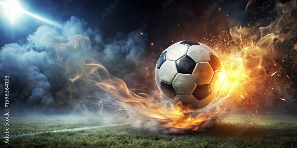 Fototapeta premium Fiery Soccer Ball Exploding onto the Field in a Dramatic Night Game Scene
