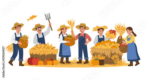 Farmers Harvesting Crops Celebrating Autumn Harvest Season.