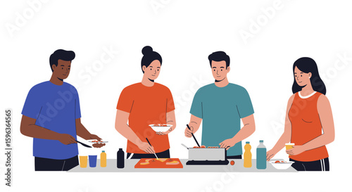 Diverse Group of People Cooking and Preparing Food Together.