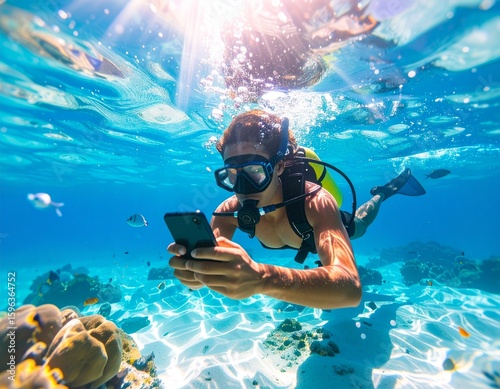 Wallpaper Mural An imaginative underwater scene showing a male diver using a smartphone device beneath the deep blue sea during a summer vacation. The clear ocean water, sun rays, and floating bubbles create a vibran Torontodigital.ca