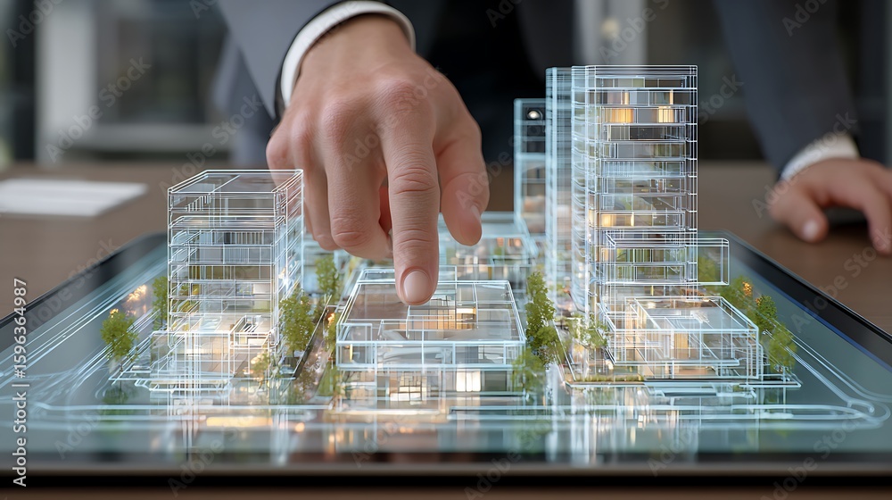 Obraz premium Architectural Design Visualization on Tablet with 3D Model Interaction