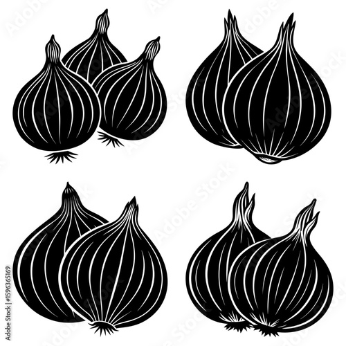 Illustration shows four groups of onions in black and white with detailed line work and bulbous shapes