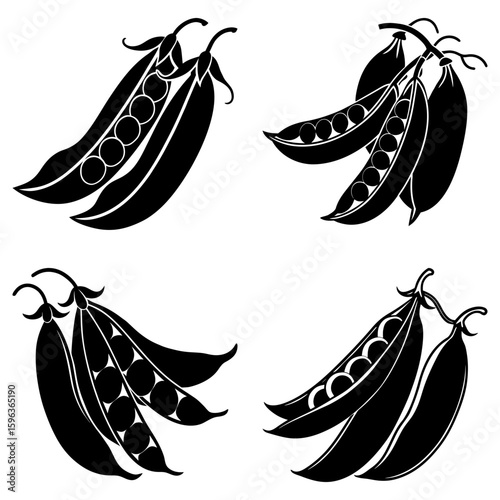 Four clusters of black and white stylized pea pods with visible peas in various orientations shown
