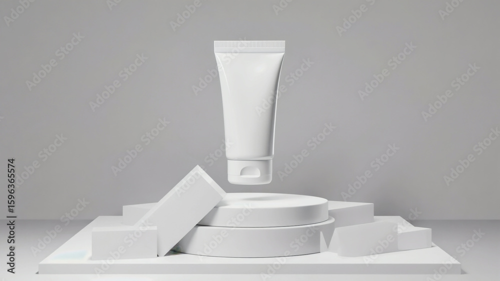 Obraz premium 3D loop of branded lotion tube hovering over a modern geometric platform illustration. Ai generated.