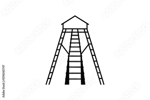 Isolated Black and White Watchtower with Ladder Illustration Minimalist Design of a Fire Lookout Tower Simple Silhouette minimalist silhouette illustration watchtower