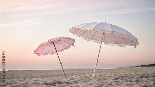 Wallpaper Mural Two beach pink and white umbrellas on the beach with sky above. Pastel colors, minimal aesthetic. Summer idea. Torontodigital.ca