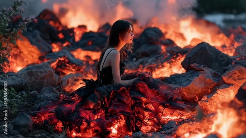 Woman in a dress amidst fiery lava