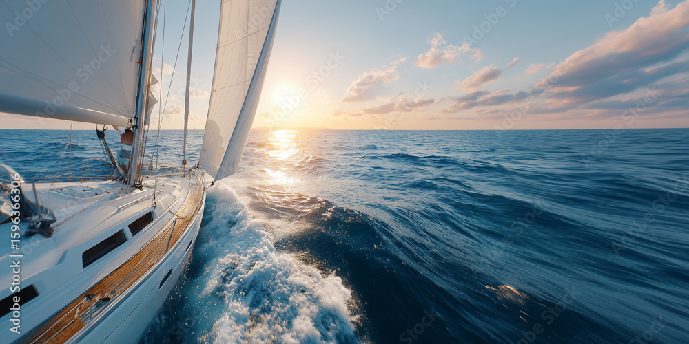 Obraz premium A sailboat navigating the ocean with the sun setting in the background. The image captures a sense of adventure and freedom